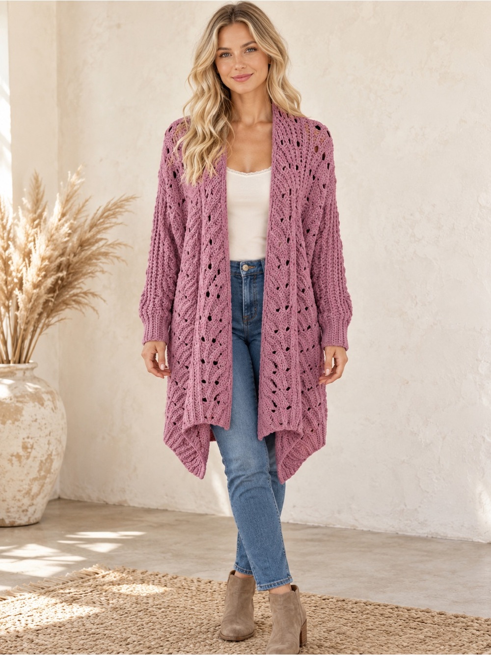 Anthropologie moon & madison Open-Front Crochet Knit Cardigan - Mauve